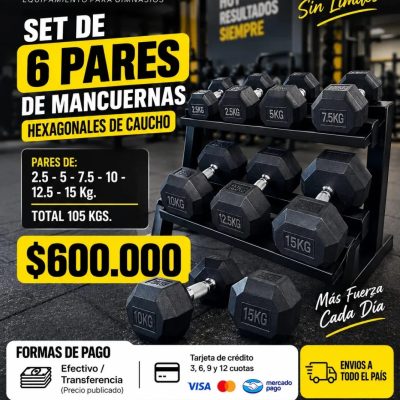 Kit 6 pares mancuernas caucho