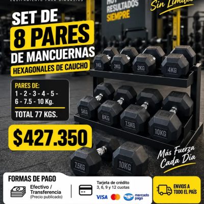 Kit 8 pares mancuernas hexagonales de caucho 1 a 10 kg