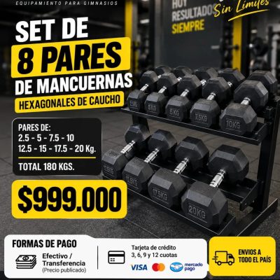 Kit 8 pares mancuernas hexagonales de caucho 2.5 a 20 kg