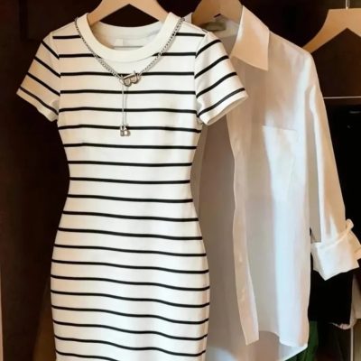 Vestido de moda casual para mujer con estampado a rayas, patrón de atuendo casual, estilo de vacaciones en la playa, estilo bohemio, el mejor regalo para la familia