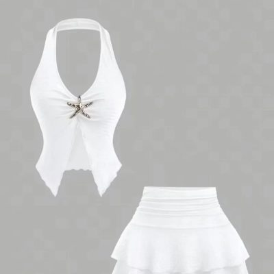 Top corto sin espalda con escote en v y falda mini con botones metálicos retro, conjunto de 2 piezas, estilo casual, vacaciones, citas, western