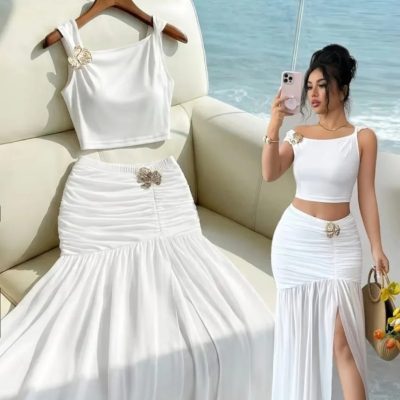 Conjunto elegante de 2 piezas para mujer, con top corto de tirantes y falda larga maxi con abertura y adornos metálicos. El diseño de ajuste entallado es perfecto para ocasiones de alta gama como citas, fiestas nocturnas, reuniones y vacaciones
